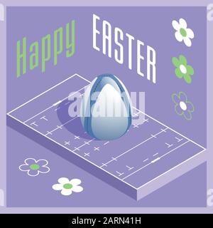 Happy Easter. Greeting card with 3D Easter egg as a rugby ball and Isometric rugby field. Vector illustration. Stock Vector