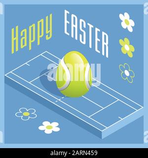 Happy Easter. Greeting card with 3D Easter egg as a tennis ball and Isometric tennis court. Vector illustration. Stock Vector