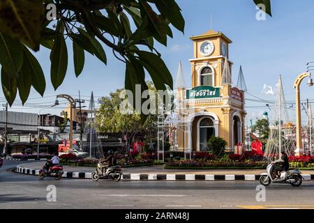 Surin Circle clock tower, a landmark in Phuket Town, as once a radio tower, butwas replaced with the clock tower that reflects the local Sino-Portugue Stock Photo