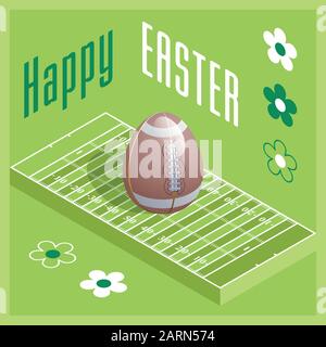 Happy Easter. Greeting card with 3D Easter egg as a football ball and Isometric football field. Vector illustration. Stock Vector