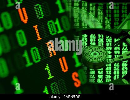 Virus found in binary data of computer hard disc Stock Photo