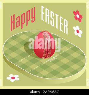 Happy Easter. Greeting card with 3D Easter egg as a cricket ball and Isometric cricket pitch. Vector illustration. Stock Vector