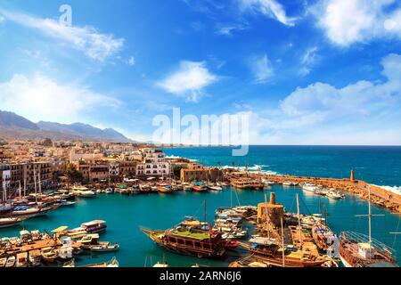 The view from Girne Castle Harbour, Northern Cyprus. Summer Stock Photo