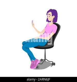 A girl looks into the phone while sitting on an office chair. Dissatisfied surprised expression on the face of the problem. Cartoon character in a fla Stock Vector