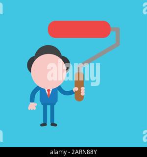 Vector cartoon illustration concept of faceless businessman mascot character holding red paint roller brush symbol icon. Stock Vector