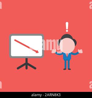 Vector cartoon illustration concept of faceless businessman mascot character with red exclamation mark and presentation chart board symbol icon and re Stock Vector