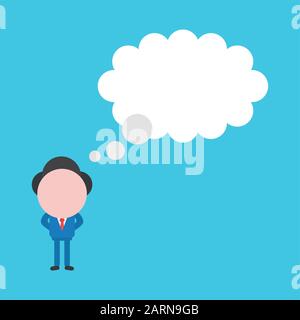 Vector cartoon illustration concept of faceless businessman mascot character thinking with grey thought bubble symbol icon. Stock Vector