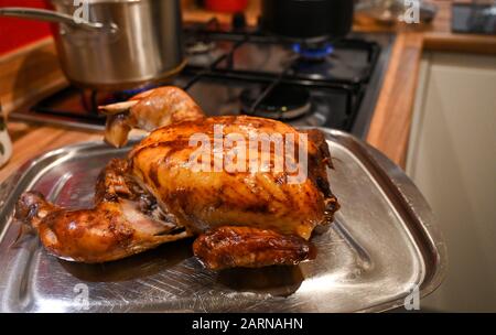 Roast chicken ready for carving for Sunday lunch Stock Photo