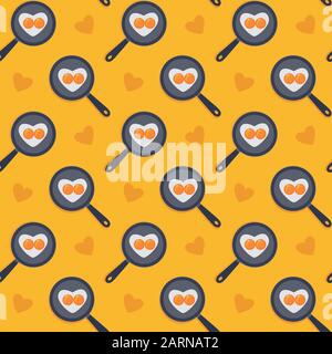 Cartoon sweet seamless yellow pattern. Heart shape fried eggs on the pan. Valentines day concept. Easter holiday wallpaper or background. Stock vector Stock Vector