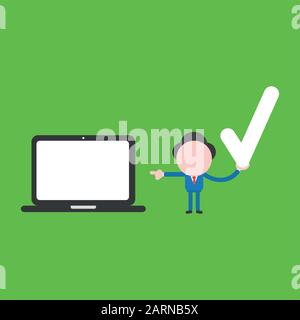 Vector cartoon illustration concept of faceless businessman mascot character holding green check mark symbol icon and pointing black laptop computer. Stock Vector