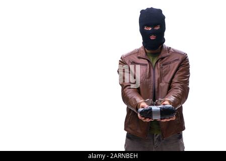 The robber wearing balaclava isolated on white background Stock Photo