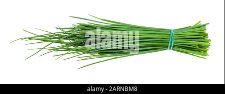 bunch of fresh leaves of Chives isolated on white background Stock Photo