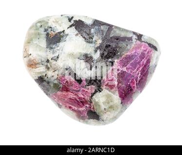 closeup of sample of natural mineral from geological collection - ruby gemstone in polished stone isolated on white background Stock Photo