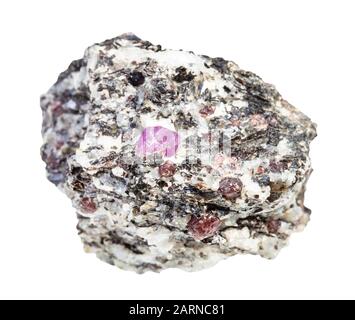 closeup of sample of natural mineral from geological collection - ruby and corundum crystals in unpolished gneiss rock isolated on white background Stock Photo