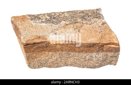 closeup of sample of natural mineral from geological collection - rough polymictic sandstone rock isolated on white background Stock Photo