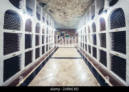 Corridor of National Oenotheque - wine collection in Famous Cricova winery in Cricova town near Chisinau, capital of Moldova Stock Photo