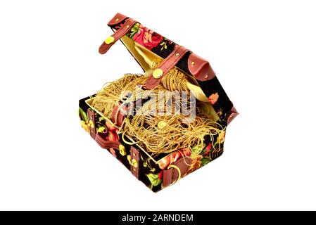 Isolated vintage suitcase with gold chains on a white background. Stock Photo