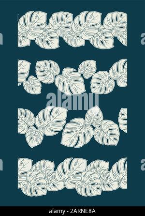 Monstera seamless border divider set or collection of vertical decorative repeating ornament in white and blue Stock Vector