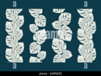 Monstera seamless border divider set or collection of vertical decorative repeating ornament in white and blue Stock Vector