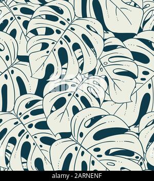 Monstera plant exotic monochrome seamless pattern with botanical leaves and dense foliage vector illustration Stock Vector
