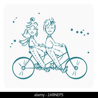 Tandem bicycle old couple riding fit and healthy aged people vector sketch isolated on white Stock Vector