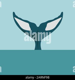 Whale tail diving in ocean or sea body part of killer or humpback whale in flat vector illustration style Stock Vector