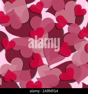 Vector texture of hearts in red and pink colors of different sizes. Valentine's day illustrations, romantic themes. Application in printed materials. Stock Vector
