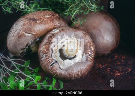 Portobello mushrooms with thyme lie on a beautiful background. The best alternative for a meat Burger. Close up. Selective focus. Copy space. Stock Photo