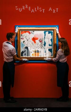 Sothebys, London, UK. 29th Jan 2020. Joan Miró, Groupe de personnages (1938), est £3-5m - Sotheby's previews its Impressionist, Modern & Surrealist Art Sales which take place on 4th and 5th February 2020 in London. Credit: Guy Bell/Alamy Live News Stock Photo