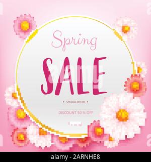 Spring sale text paper background with beautiful colorful flowers. Template for banners, Wallpaper, flyers, invitation, posters, brochure, and voucher Stock Vector