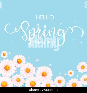 Hello spring text paper background with beautiful white flowers. Template for banners, Wallpaper, flyers, invitation, posters, brochure, and voucher d Stock Vector