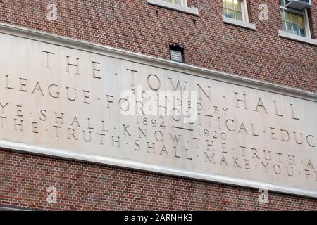 The Town Hall, 123 W 43rd St, New York, NY. exterior inscription on the face of the building Stock Photo