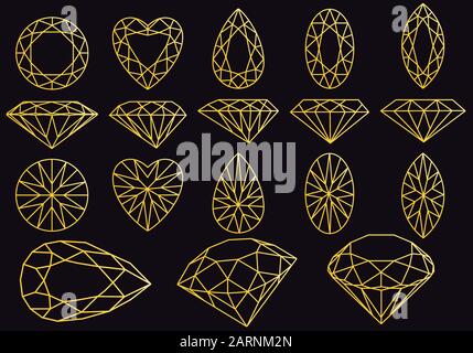 Diamond cut, gold line art vector illustration over black background Stock Vector