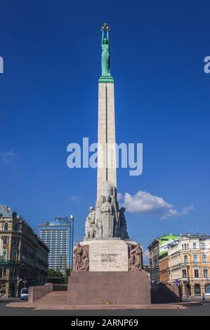 Freedom Monument (Brivibas piemineklis) honouring soldiers killed during the Latvian War of Independence in Riga, capital city of Republic of Latvia Stock Photo