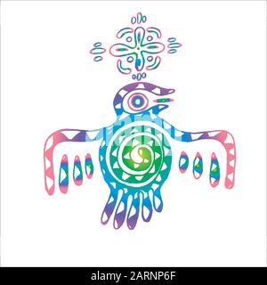 Tribal style bird. Color neon iillustration with ornament and mandala. The idea for a tattoo. Stock Vector