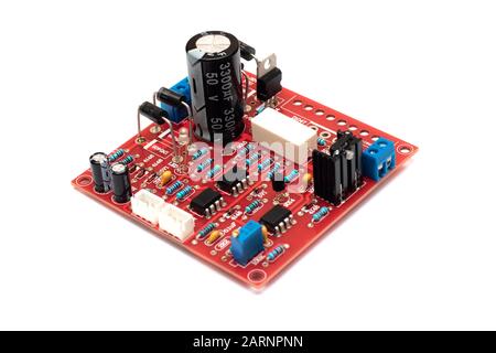 Red circuit board close-up, isolate on white background Stock Photo