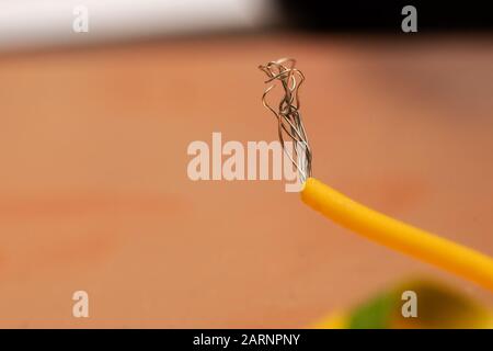 The end yellow wire close up, macro photo Stock Photo