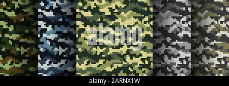 Five different colors seamless digital camouflage military pattern for background, clothing, textile garment, wallpaper. Vector illustration. Stock Vector