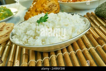 Wali wa Nazi, Coconut rice, Kenyan cuisine, Traditional assorted African dishes, Top view. Stock Photo