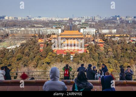 Aerial view from Wanchun Pavilion on Shouhuang - Palace of Imperial Longevity in Jingshan Park in Beijing, China - Drum Tower on background Stock Photo