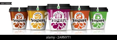 Yogurt vector packaging design. Fruit and nuts yogurt set. Stock Vector
