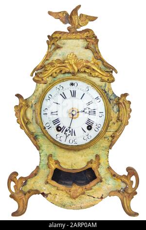 Authentic eighteenth century weathered table clock isolated on a white background Stock Photo