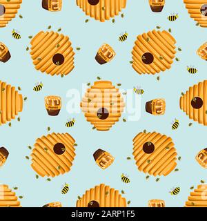 Funny cute bee houses pattern. The bees. Hives. Honeycomb. Sweet Honey. Children's drawing.Vector illustration.. Stock Vector