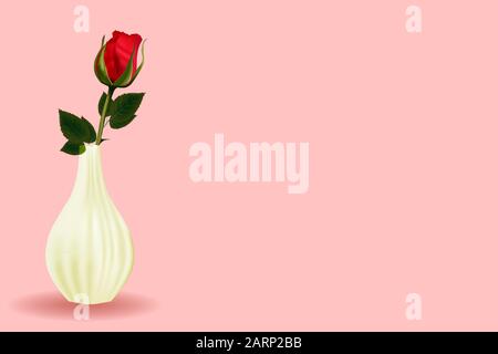 Background for postcards. Women's Day. Red rose in a vase. White ceramics. Valentine's Day. Promotional banner or poster for discounts and promotions Stock Vector