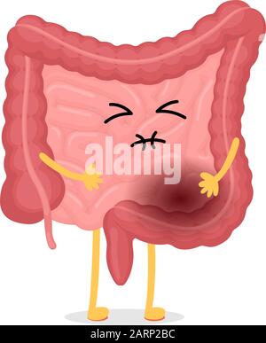 Sad suffering sick intestine pain cartoon character. Abdominal cavity digestive and excretion human internal unhealthy organ. Inflammation or poisoning indigestion concept vector isolated illustration Stock Vector