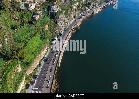 Closed Ramal da Alfandega railway line and Paiva Couceiro Avenue over Douro River in Porto city,  Portugal. View from Infante D. Henrique Bridge Stock Photo