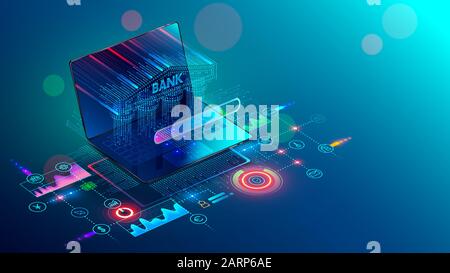 Online Internet banking 3d isometric banner. A Bank building with columns consisting of a digits matrix is shown on a laptop screen. Financial Stock Vector