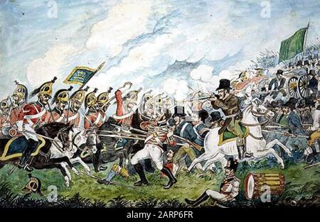 BATTLE OF VINEGAR HILL 21 June 1798 during the Irish Rebellion of that year. Contemporary print showing the charge of the 5th Dragoon Guards with a guards deserter being cut down. Stock Photo