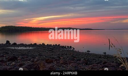 Sunset over the Gambia River from Tendaba Camp, Gambia. Stock Photo
