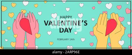 Valentine's Illustration With Hands Offering Heart Halves, Turquoise Background, Panorama Stock Photo